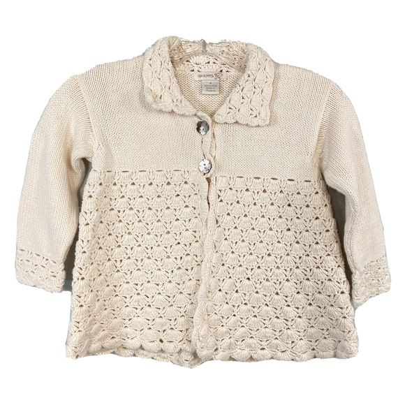 2H‎ Knits Cardigan Girls Sz 4 Ivory Cotton Knit Crochet Collared Button - Picture 1 of 7
